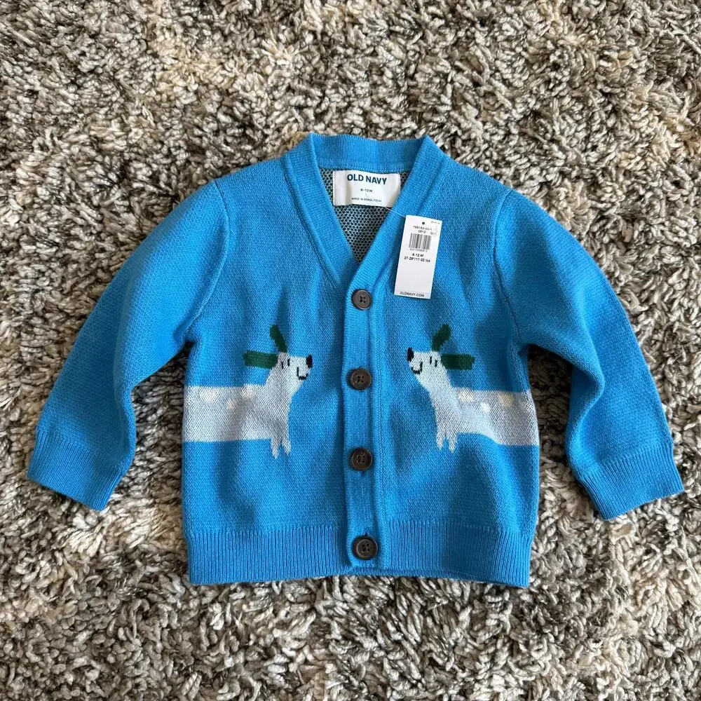 NWT Old Navy 6-12 Months Cardigan Sweater Blue Dogs Baby Boy CUTE